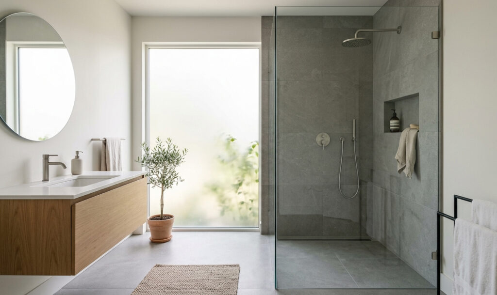 Bagno contemporaneo con doccia a filo pavimento — Ferplast