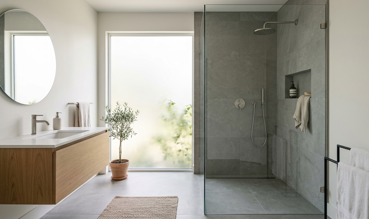 Bagno contemporaneo con doccia a filo pavimento — Ferplast